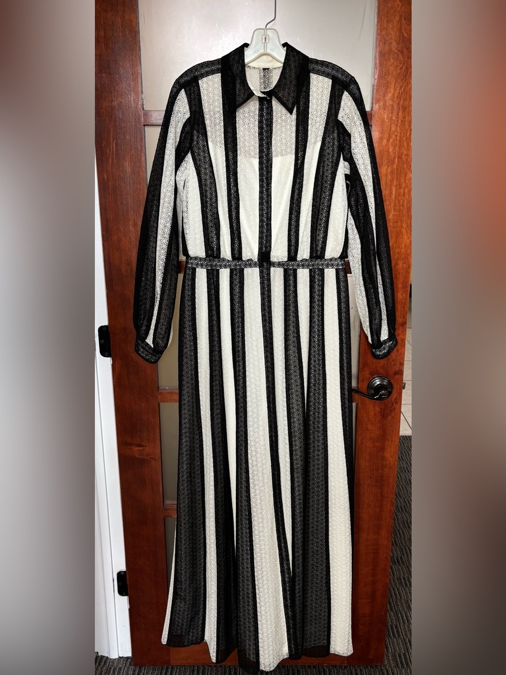 Tadashi Shoji Black and White Vertical Stripe Long Sleeve Dress